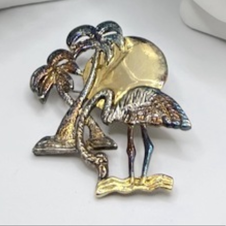 Vintage Designer Tropical Palm Tree Flamingo Silver Gold Bronze Pin Brooch